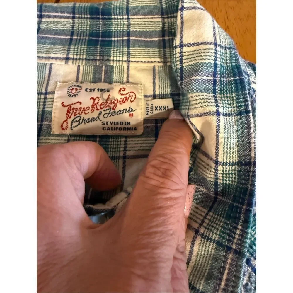 True Religion Men’s XL Blue Plaid Western Pearl Snap Shirt Short Sleeve Button U